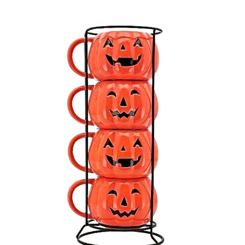 Halloween Pumpkin Stack Ceramic Mugs, 4-Pack Jack O Lantern Spooky Fall NIB